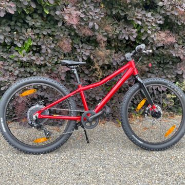 An older child’s red mountain bike in front of a Dublin stone monument.
